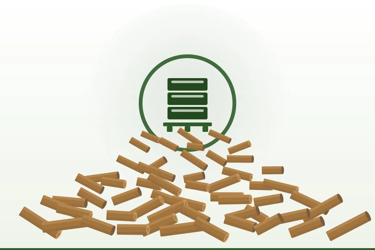 Illustration of a palletised stack of wood pellet bags above a heap of 6 mm milled pellets, in the Premium Bio Pellet colours