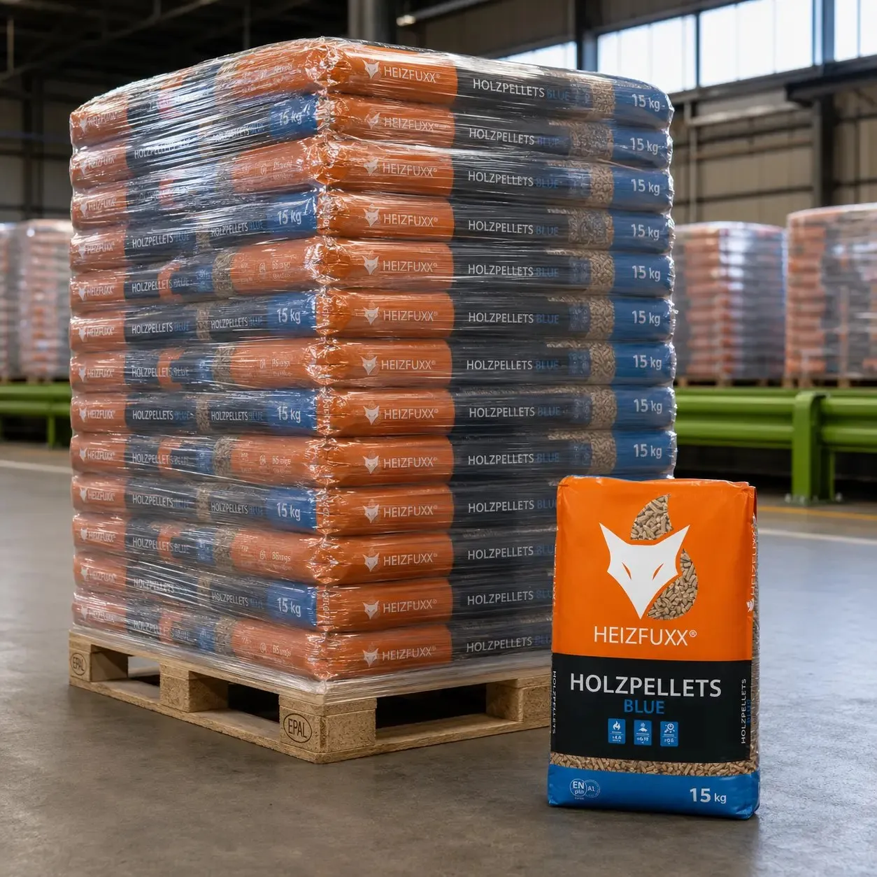 A pallet of 65 wood pellet bags of 15 kg, shrink-wrapped on a EPAL pallet