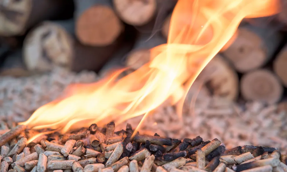 Wood pellets burning in a stove