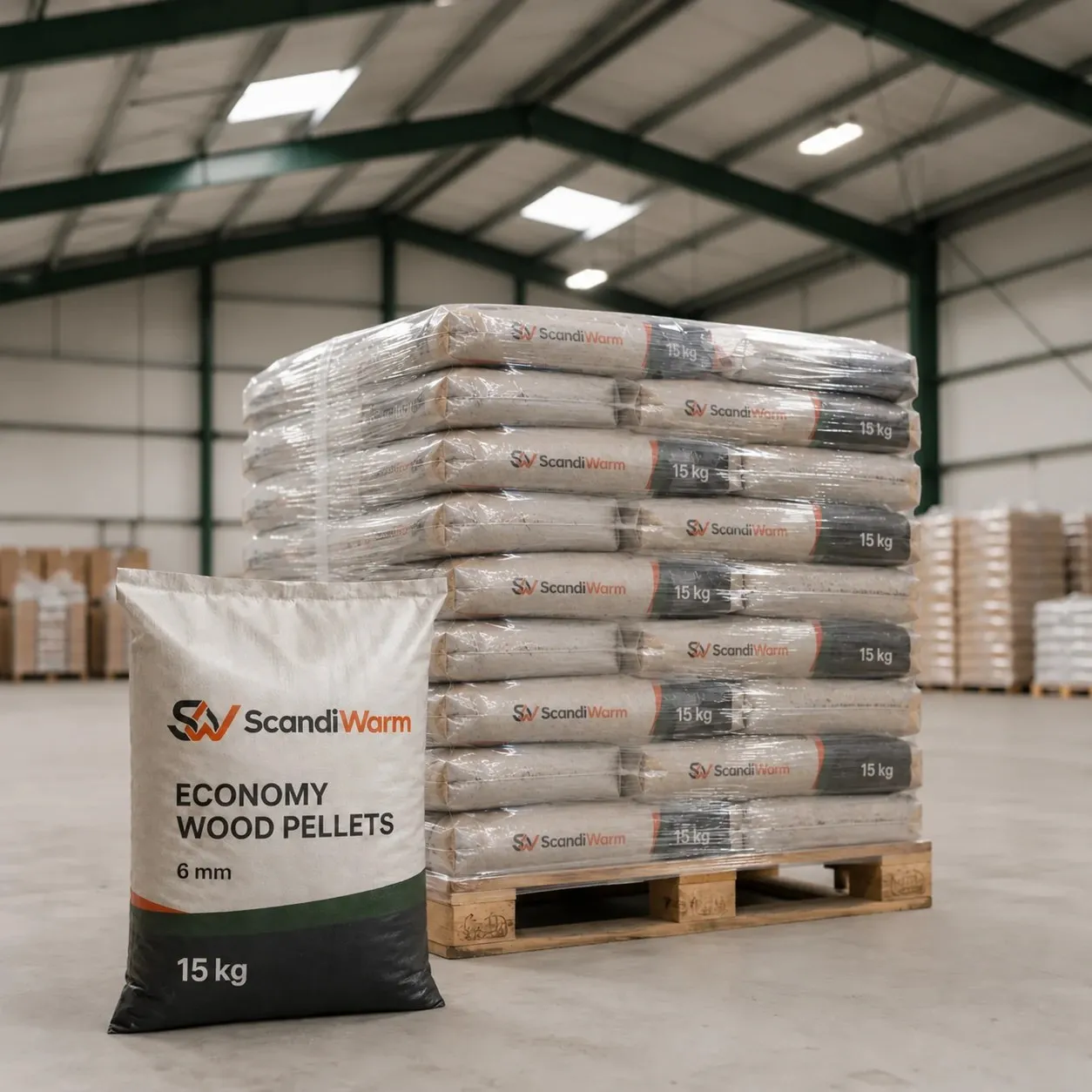 A 15 kg bag of ScandiWarm Economy Wood Pellets in front of a 50-bag pallet in a warehouse